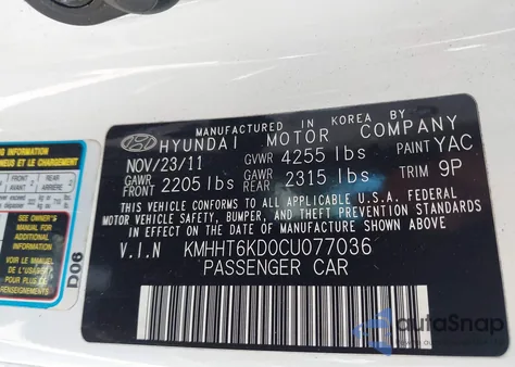 2012 Hyundai Genesis 2.0T z USA, uszkodzony, nr VIN KMHHT6KD0CU077036